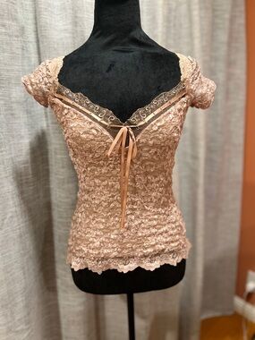 Ann Faraday Y2K Lace Nude Cap Sleeve Top - Size OS
